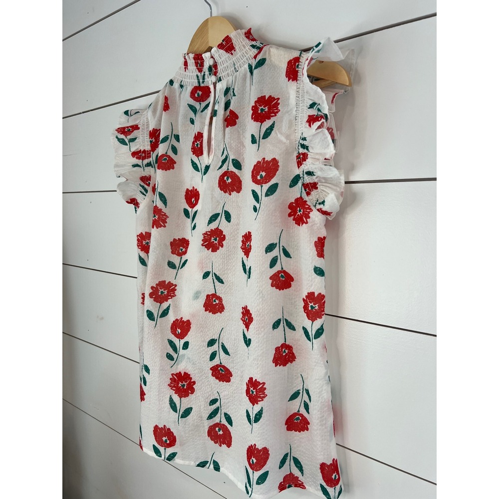 NWT THML Floral Smocked High Neck Ruffle Sleeve Top Red White Small Cottagecore - Picture 7 of 10